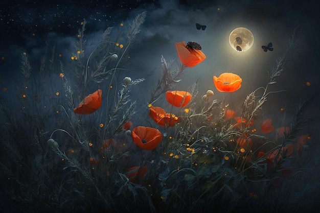 A field of poppies with a moon in the background