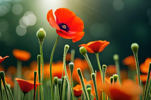 A field of poppies with one of them that has a red flower on it.