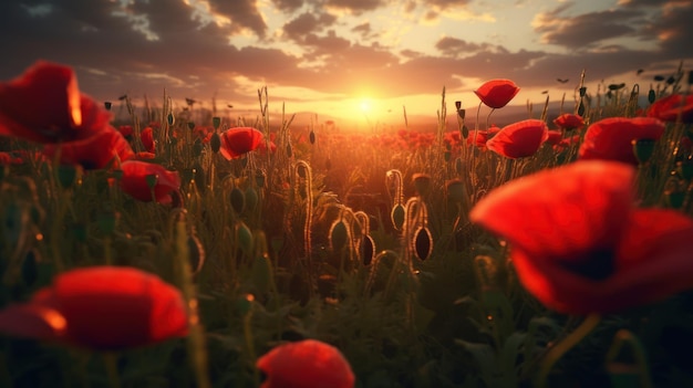 A field of poppies with the sun setting behind it
