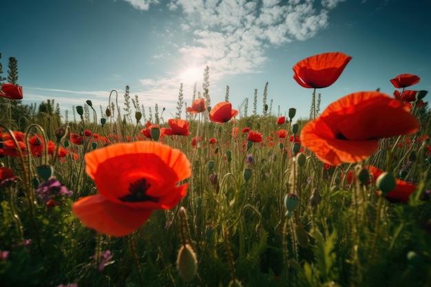 A field of poppies with the sun shining through the clouds