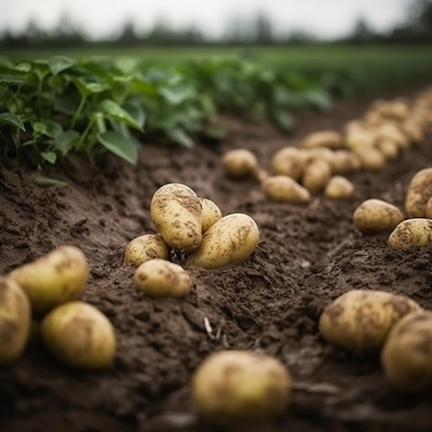 A field of potatoes with a green plant in the background.