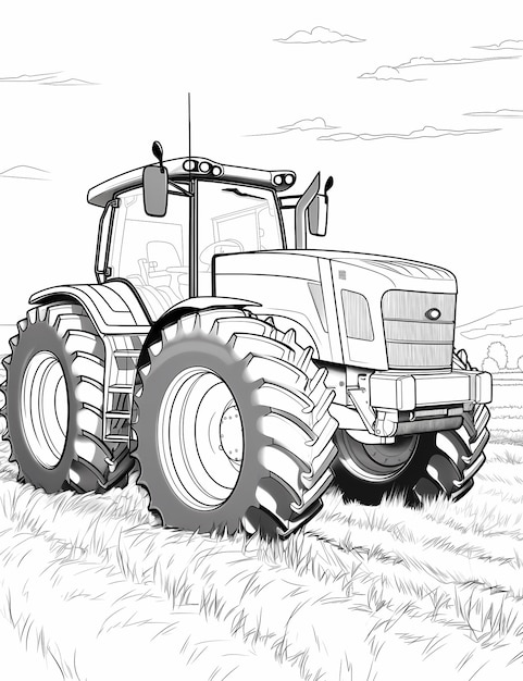 Photo field power black and white coloring page featuring a big agriculture tractor