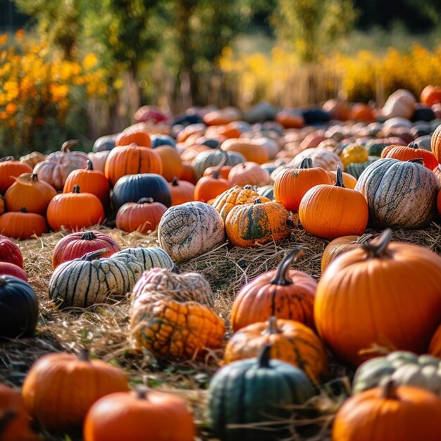 A field of pumpkins with many colors of green, orange, and white.