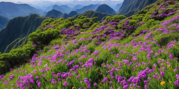 A field of purple flowers in the mountains