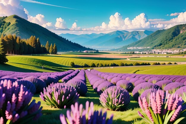 A field of purple flowers in the mountains