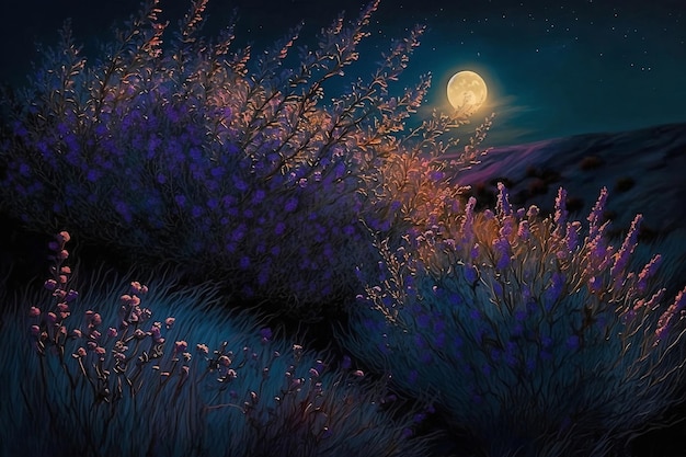 Field of purple flowers at night