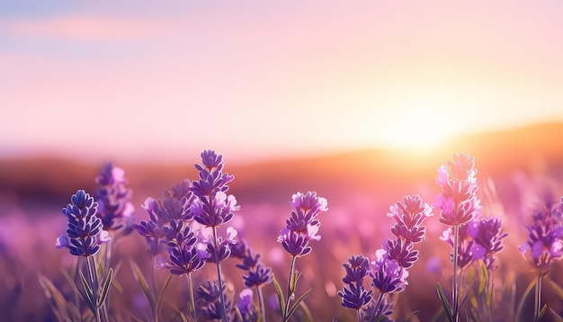 A field of purple flowers with a bright sun in the background