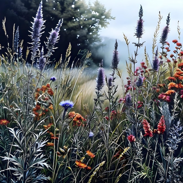 a field of purple flowers with a mountain in the background