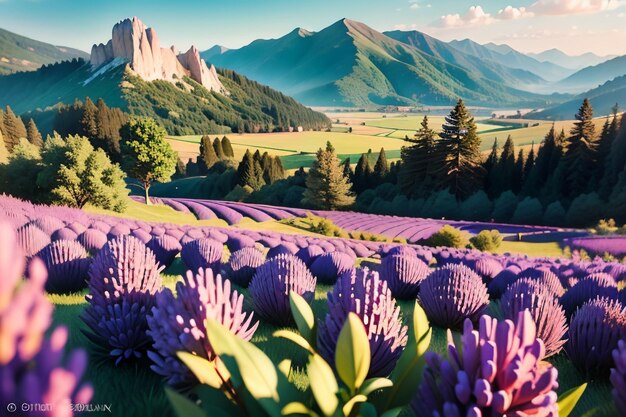 A field of purple flowers with a mountain in the background.