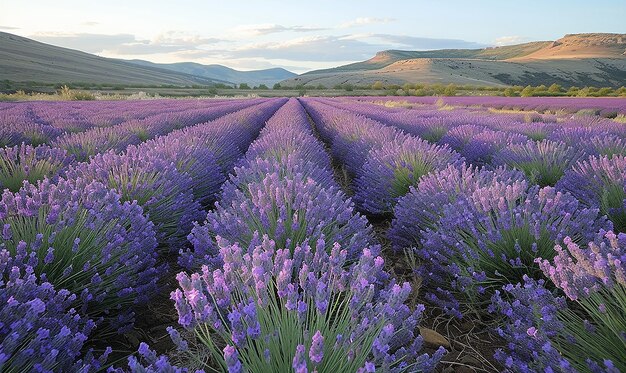 Photo a field of purple flowers with mountains in the background