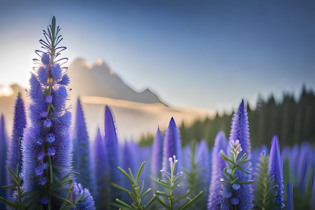 A field of purple flowers with mountains in the background