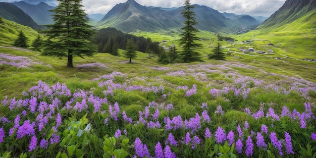 Поле фиолетовых цветов с горами на заднем плане.