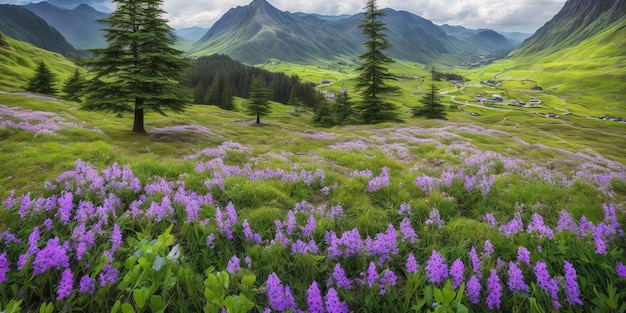 A field of purple flowers with mountains in the background.