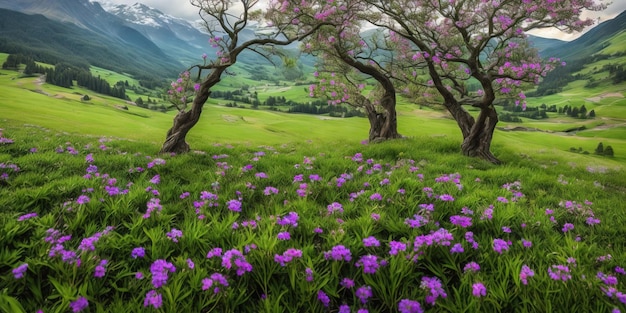 산을 배경으로 보라색 꽃이 만발한 들판