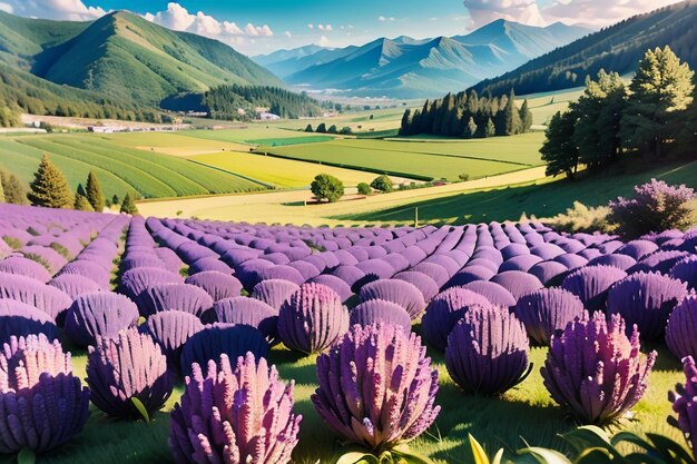 A field of purple flowers with mountains in the background