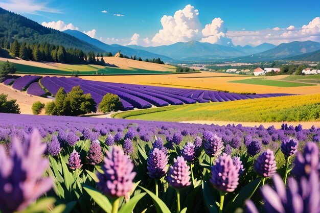 A field of purple flowers with mountains in the background