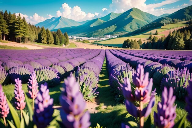 A field of purple flowers with mountains in the background