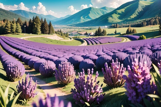 A field of purple flowers with mountains in the background