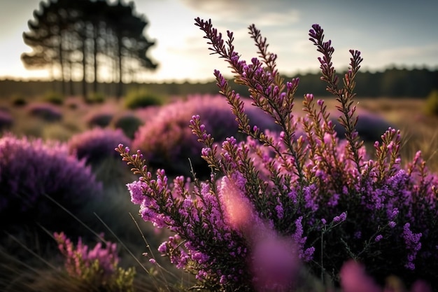 A field of purple flowers with the sun setting behind it