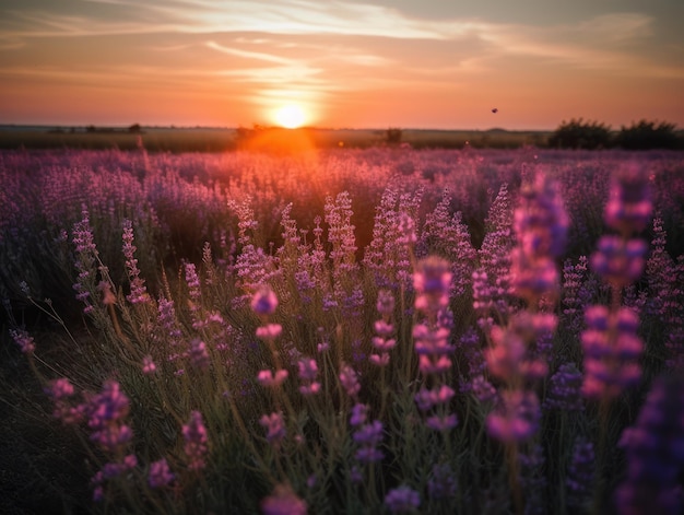 A field of purple flowers with the sun setting behind it