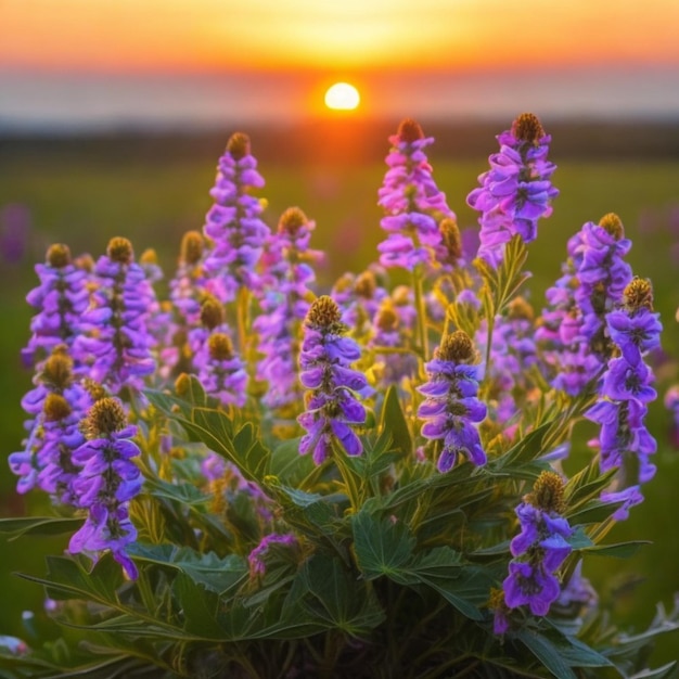 A field of purple flowers with the sun setting behind them