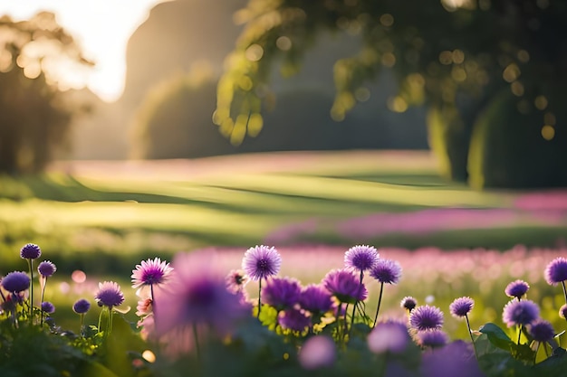 A field of purple flowers with the sun shining on the grass