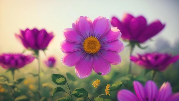 Поле фиолетовых цветов с сияющим на нем солнцем