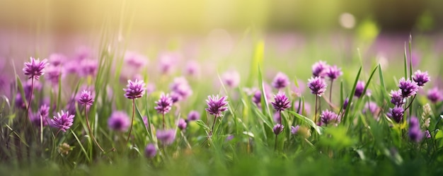 a field of purple flowers with the sun shining through the grass