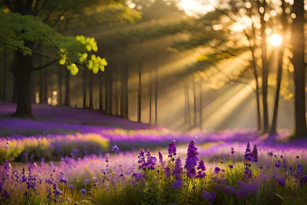 A field of purple flowers with the sun shining through the trees