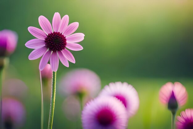 A field of purple flowers with the sun behind them