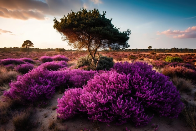 A field of purple flowers with a tree in the foreground