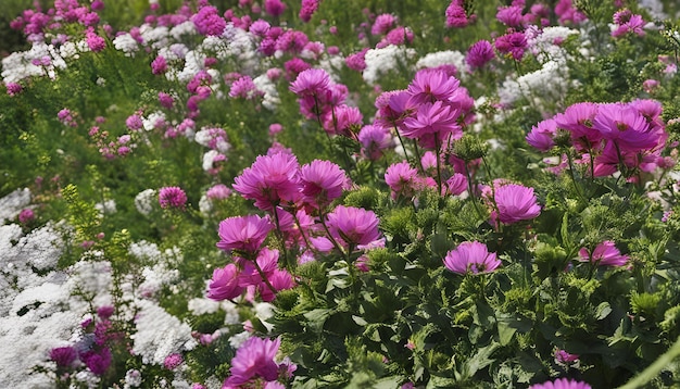 a field of purple flowers with white flowers in the middle