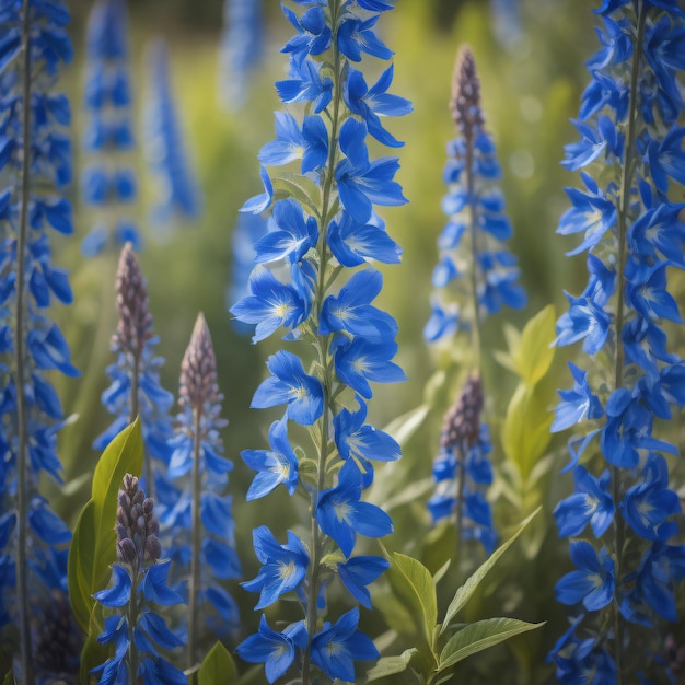 背景に「野生の花」という言葉がある紫色の花のフィールド。