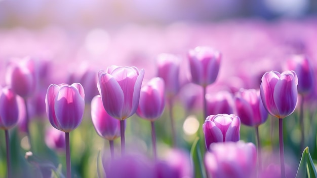 A field of purple tulips with the sun shining on the background