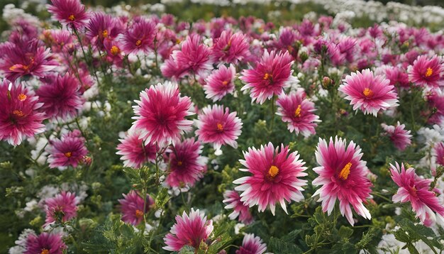 a field of purple and white flowers with yellow centers