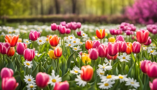 a field of purple and yellow flowers with the word tulips on the bottom