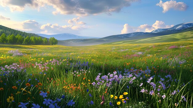 Field in the rays of sunset Nature glade greenery grass meadow flowers summer freshness picnic pasture hay wheat clover Generated by AI