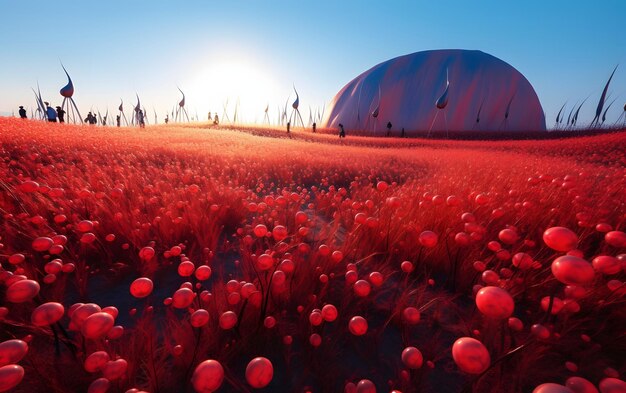 A field of red balls with a blue sky in the background
