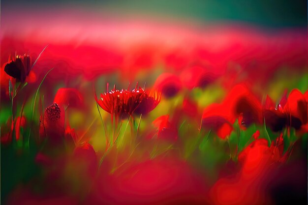 A field of red flowers with a green background and a red flower in the middle