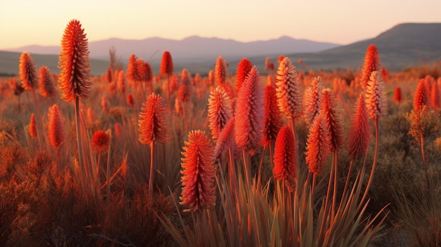 A Field of Red Flowers With Mountains in the Background