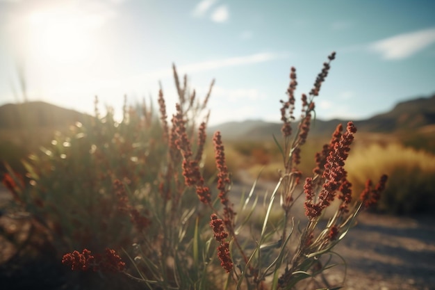 A field of red flowers with the sun shining on the horizon