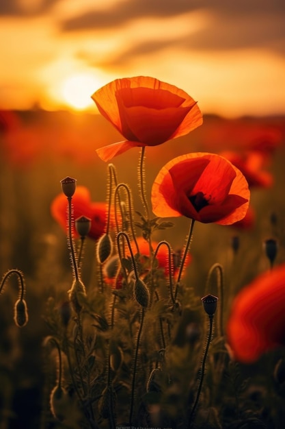 Field of red poppies in the sunset light AI Generative