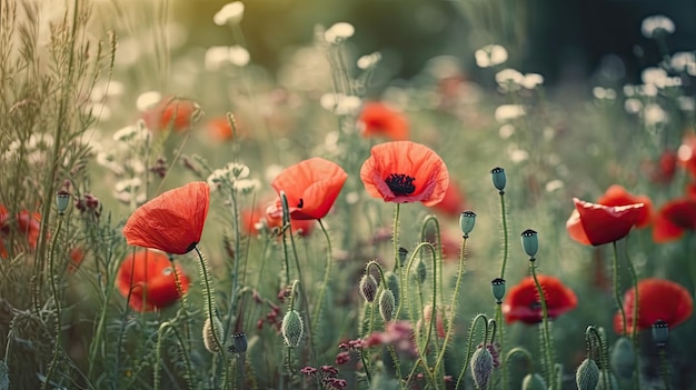 A field of red poppies with white flowers in the background