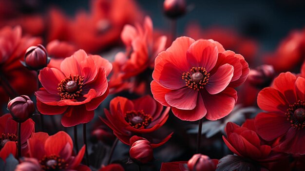 A field of red poppy flowers with a dark background