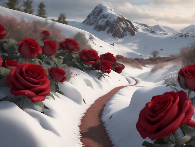 field of red roses covered in snow