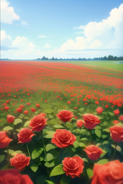 A field of red roses in front of a blue sky