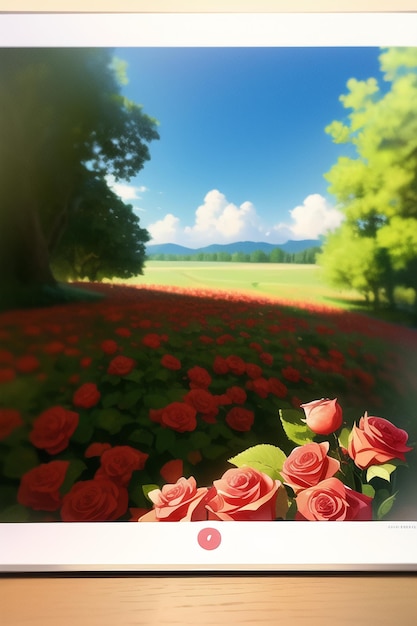 A field of red roses with a blue sky in the background