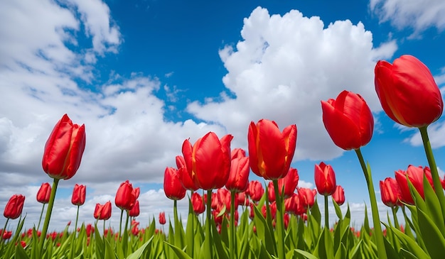 A field of red tulips with a blue sky in the background.