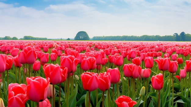 a field of red tulips with a rock in the background.