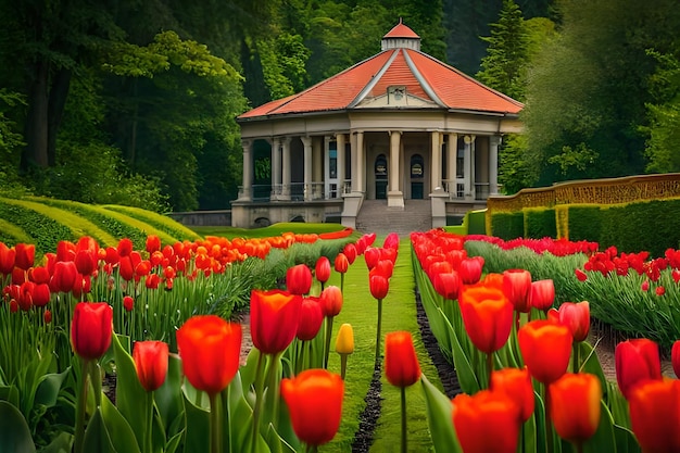 A field of red tulips with a white building in the background